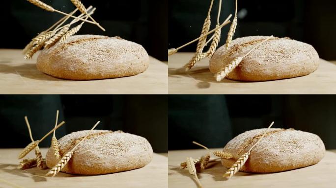 SLO MO麦穗落在圆形面包上