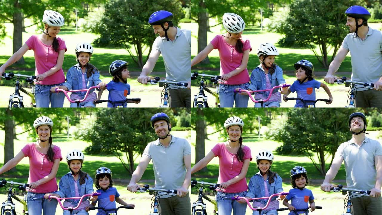 一起在公园骑自行车的幸福家庭