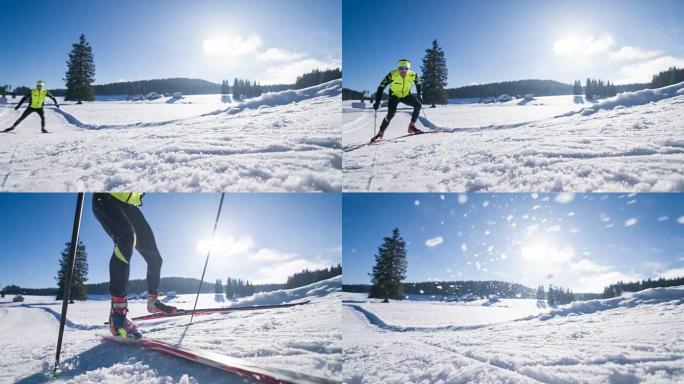 专业越野滑雪者滑板滑雪上坡