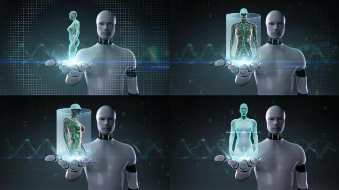 机器人打开手掌，女性人体扫描淋巴系统。