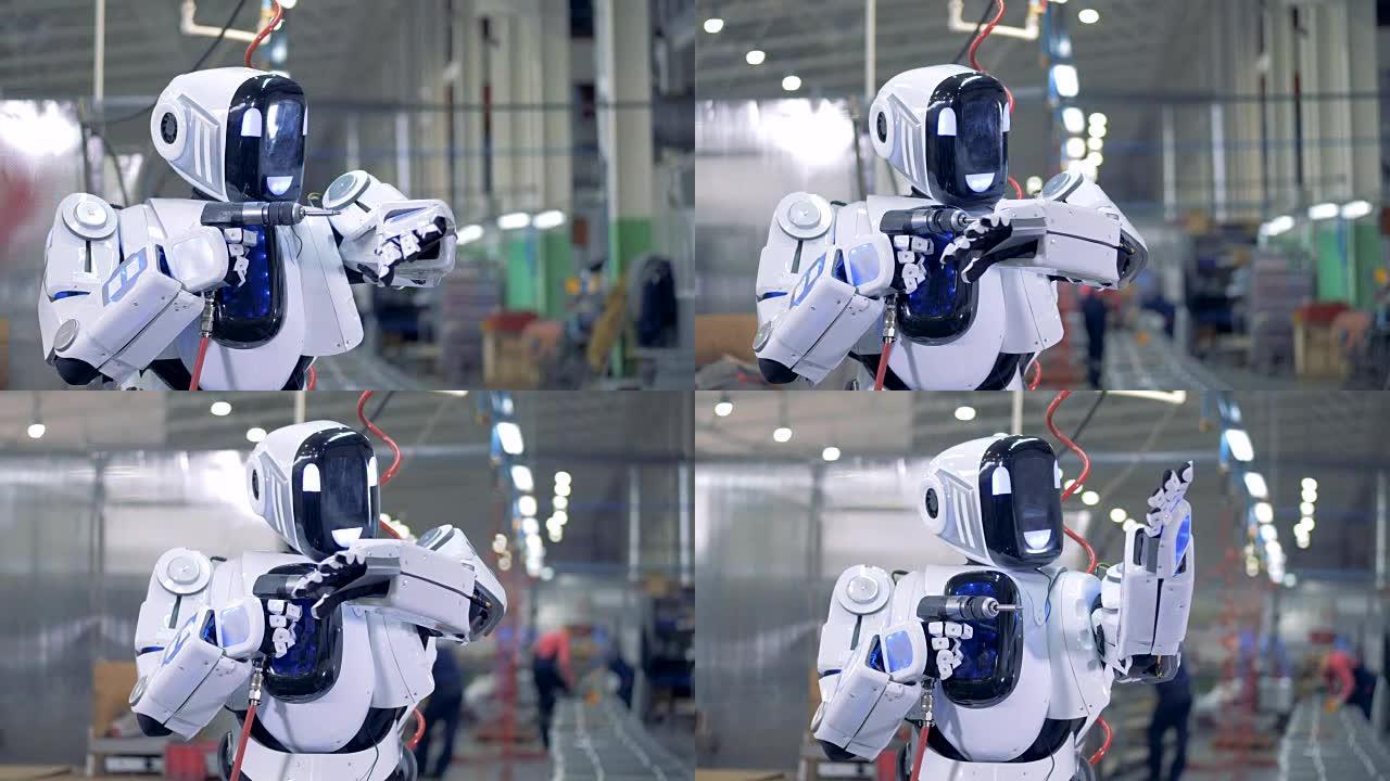 机器人自我修复，关闭。白色机器人在工厂使用工具进行自我修复。