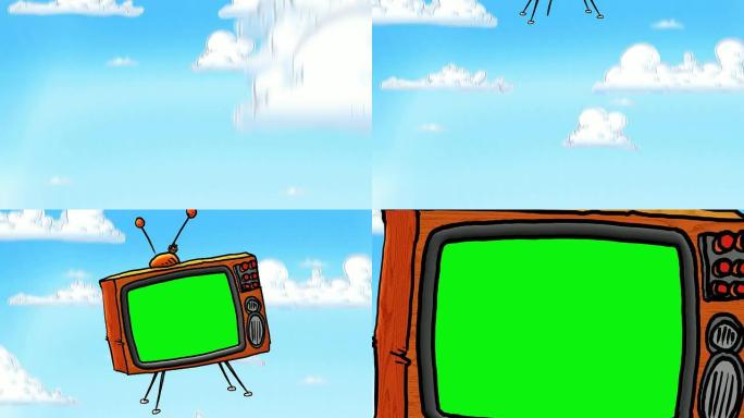 卡通电视掉了下来，然后摄像机放大到屏幕上