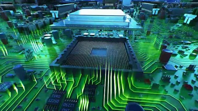 处理器安装在主板上的过程用绿灯。带有波浪和耀斑的电路板和中央处理器的美丽3d动画。技术和数字概念。
