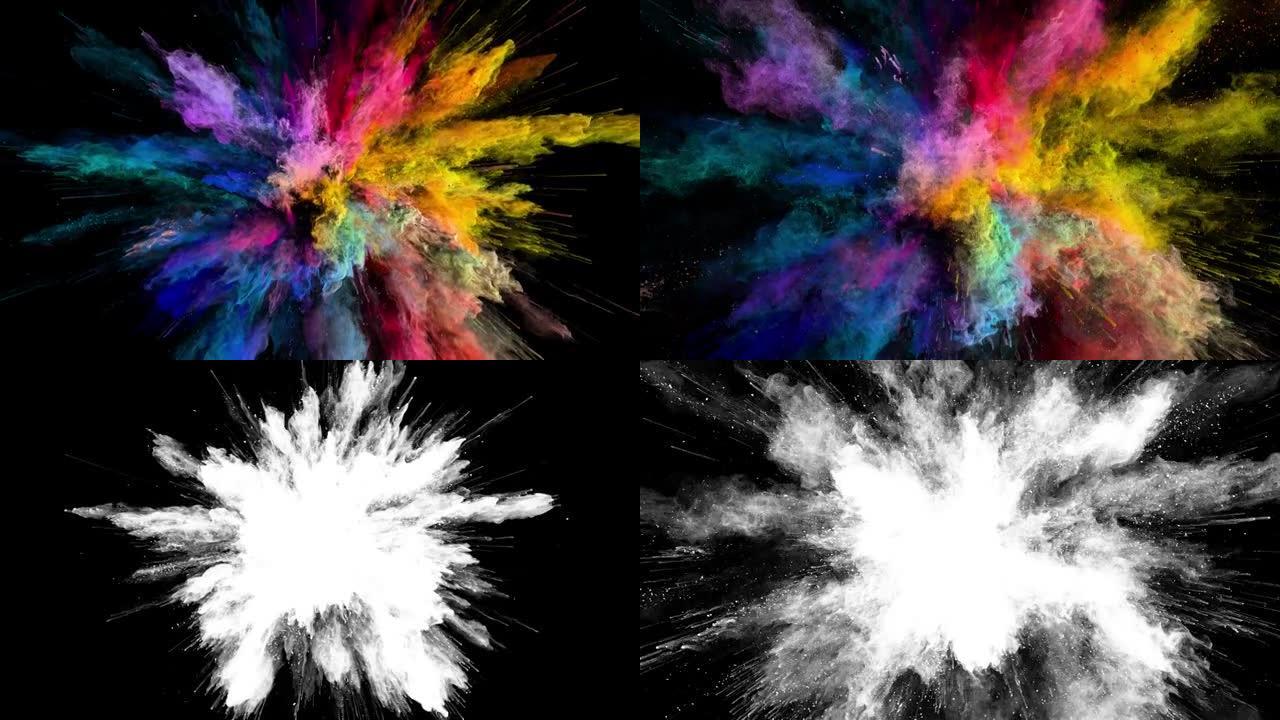 黑色背景上彩色粉末爆炸的Cg动画。开始时带有加速度的慢动作。有阿尔法哑光