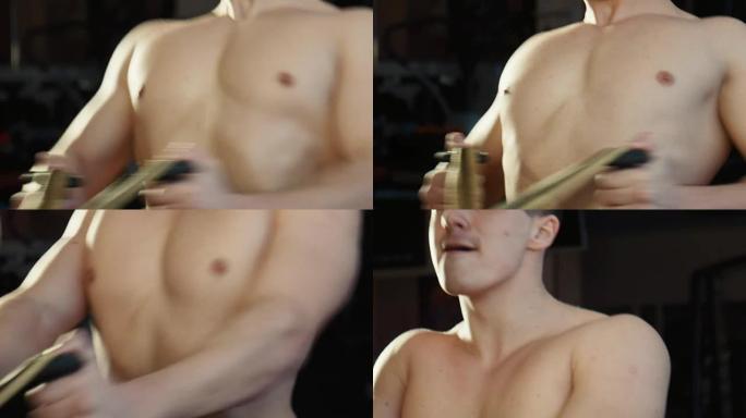 这家伙在健身器上的健身房里