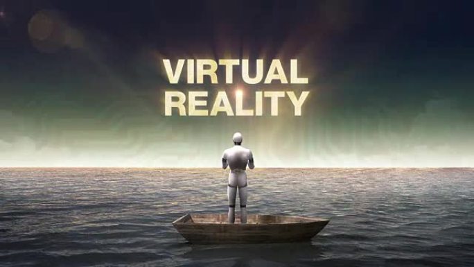 上升的 “虚拟现实”，机器人在船上，海洋，海洋的前面。