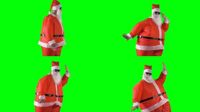 圣诞老人在绿色背景下用胳膊和腿跳舞。