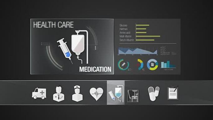 医疗保健内容的药物图标。技术医疗保健服务。数字显示应用程序。
