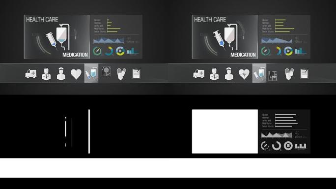医疗保健内容的药物图标。技术医疗保健服务。数字显示应用程序。