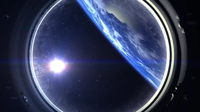 从国际空间站的窗户看到的地球。国际空间站。飞走了。地球在顶部的屏幕上。体积云。从太空看。星星闪烁。空