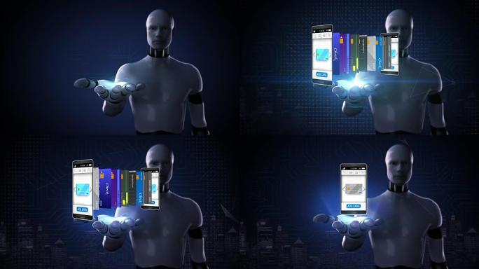 机器人，机器人臂，选择智能手机中的信用卡，移动，移动支付的概念，选择主要的移动信用卡。