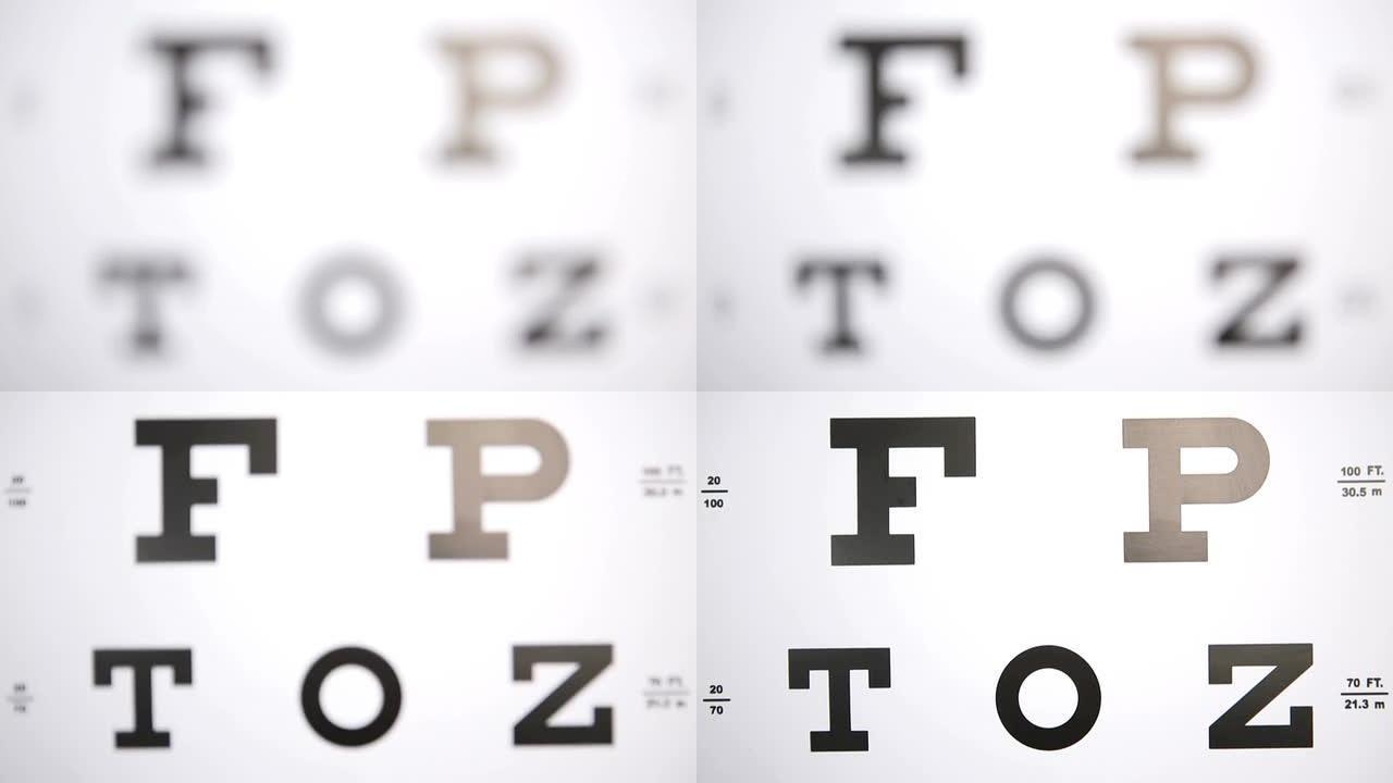 专注于眼睛测试字母