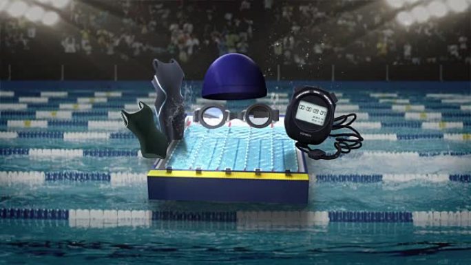 游泳图标，游泳跑道，帽子，秒表。