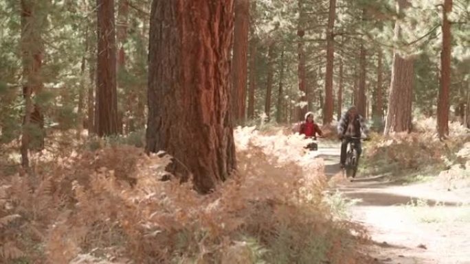 高级黑人夫妇在森林小径上朝着相机骑行