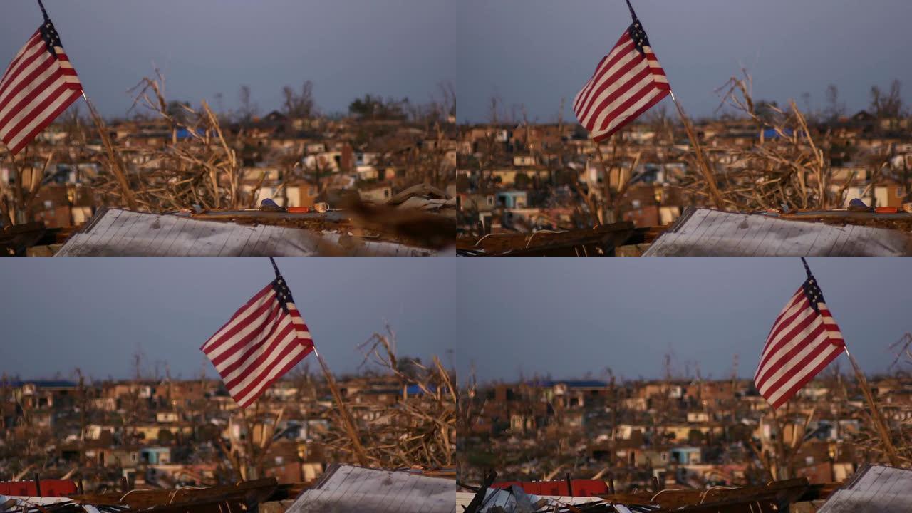 美国国旗在自然灾害中飘扬