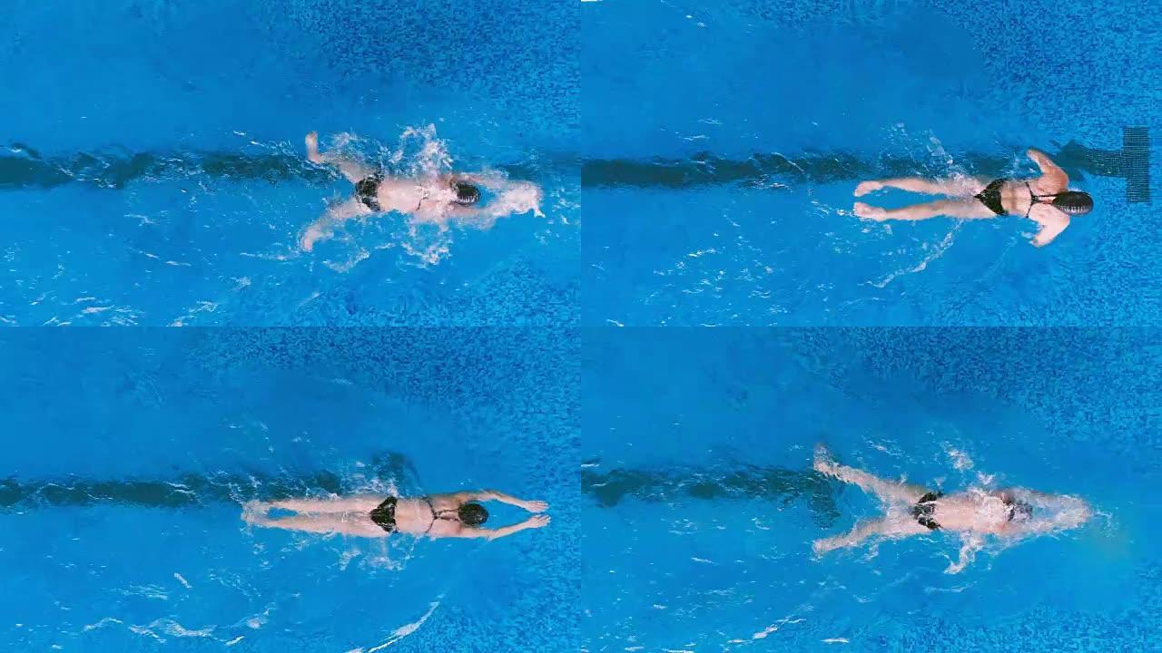 游泳者在蝶泳时用她的腿踢鱼尾。