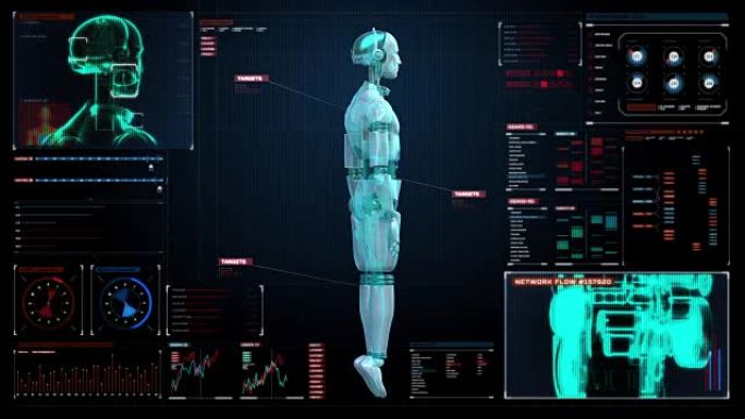 数字接口中的旋转透明3D机器人主体。显示。