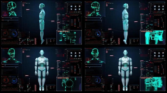 数字接口中的旋转透明3D机器人主体。显示。