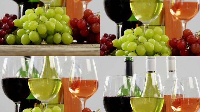 木板上的各种葡萄和葡萄酒