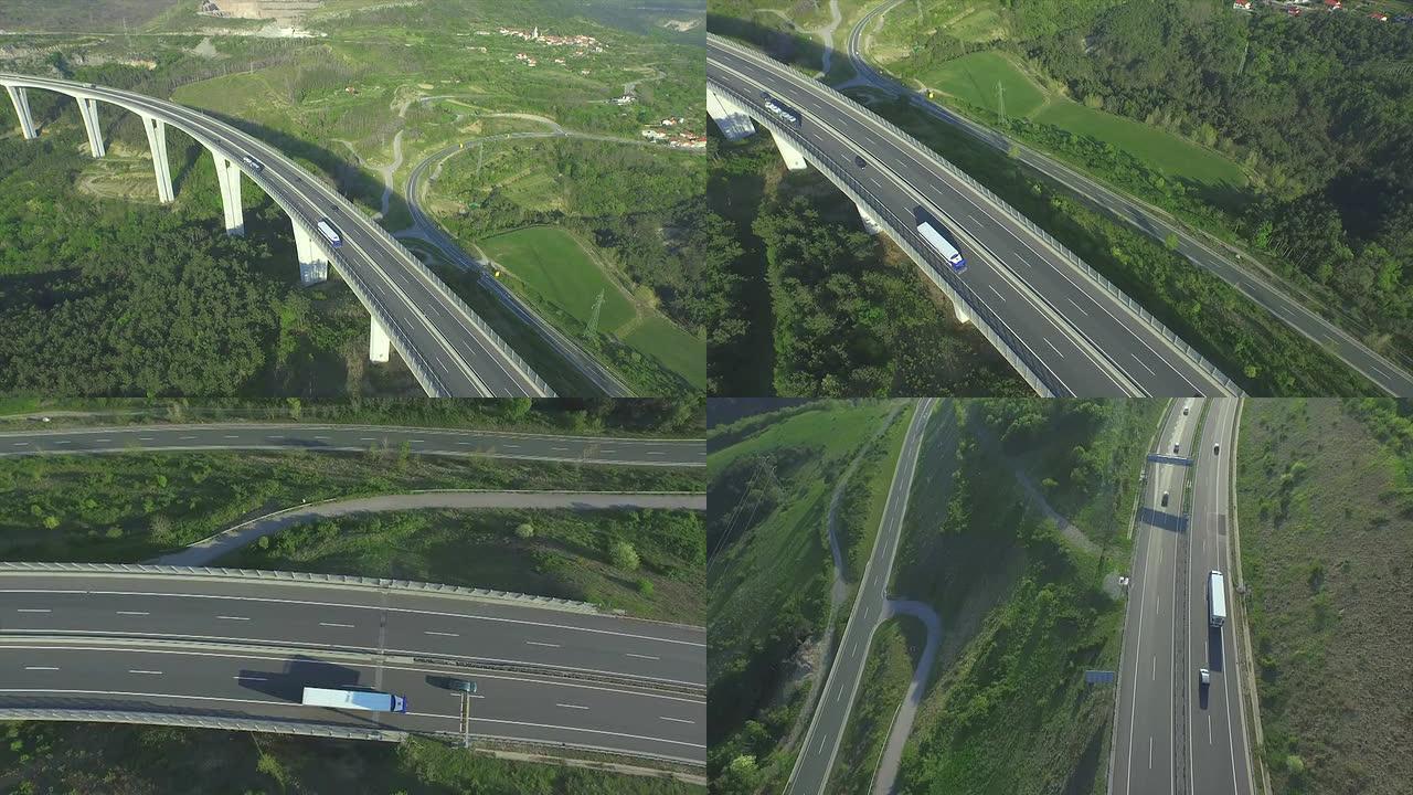 空中: 货车驶过高架桥公路