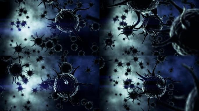 数字生成的病毒细胞在蓝色背景下流动