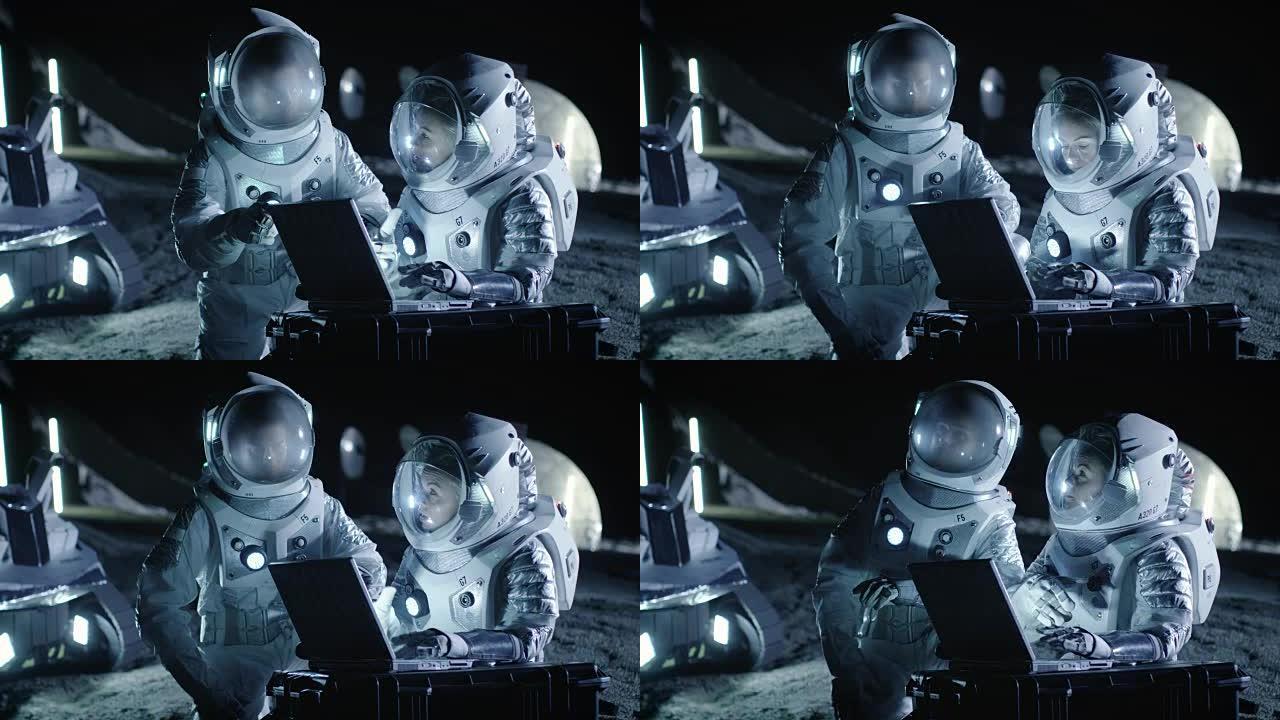两名宇航员穿着宇航服在笔记本电脑上工作，探索新发现的行星，向地球发送通信信号。太空旅行，星际探索和殖