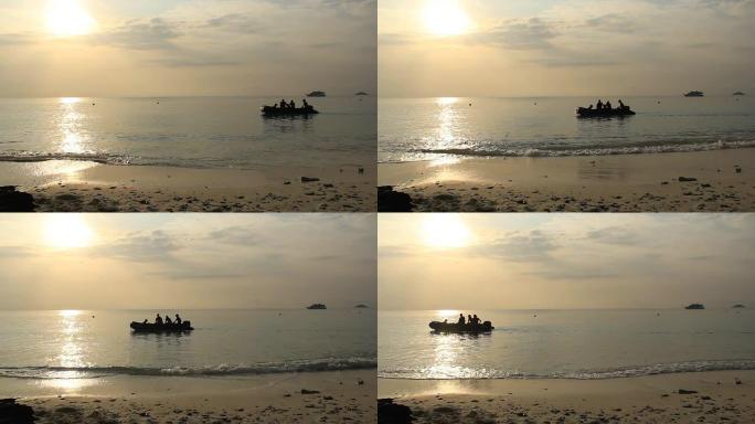 奇妙的风景视频背景。日落时浪漫的孤舟。