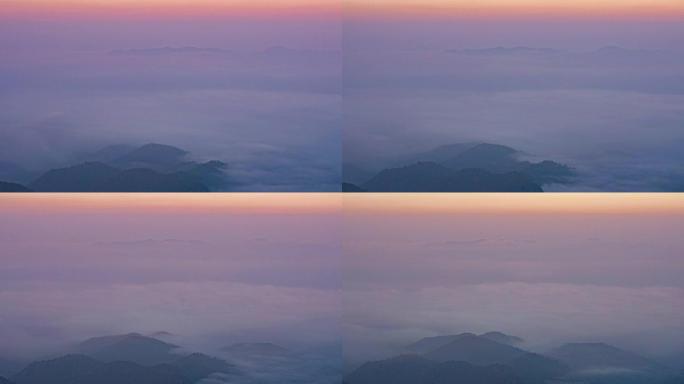 日出时间山上移动薄雾的时间流逝