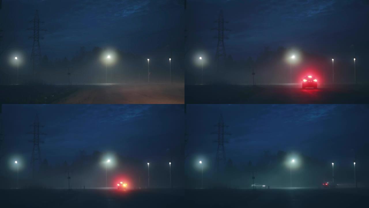 一辆汽车转向惊人的黑夜高速公路。令人难以置信的大气电影拍摄。风景秀丽的天空和博克城市之光