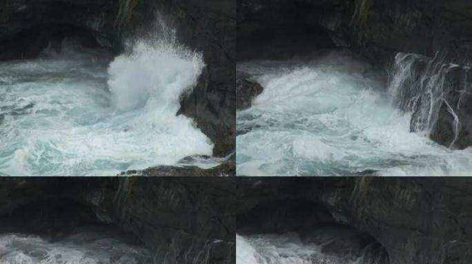 大自然的力量：风暴波在岩石悬崖上磨出洞