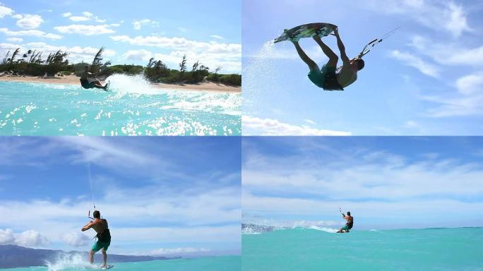 慢动作风筝冲浪技巧，极限夏季运动高清。