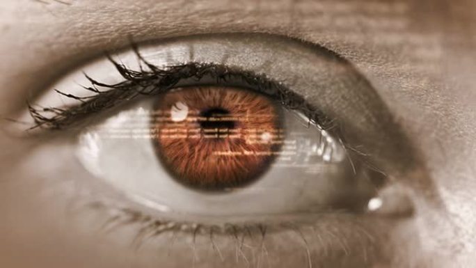 带有程序代码的女性眼睛。未来主义。技术。棕绿色。