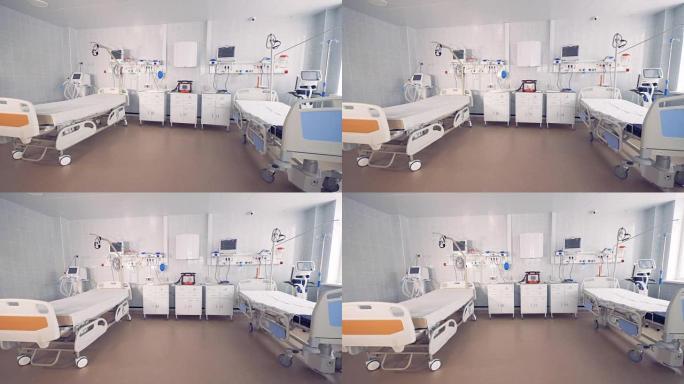 设备齐全的宽敞医院病房，有两张空床