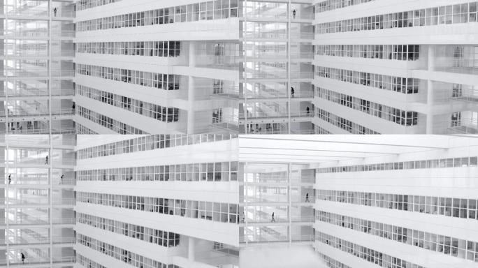 白色办公楼，带高架走道，起重机向上移动摄像机