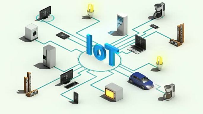 'IoT' 技术连接智能家电技术、物联网、三维动画。