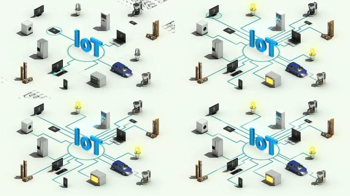 'IoT' 技术连接智能家电技术、物联网、三维动画。