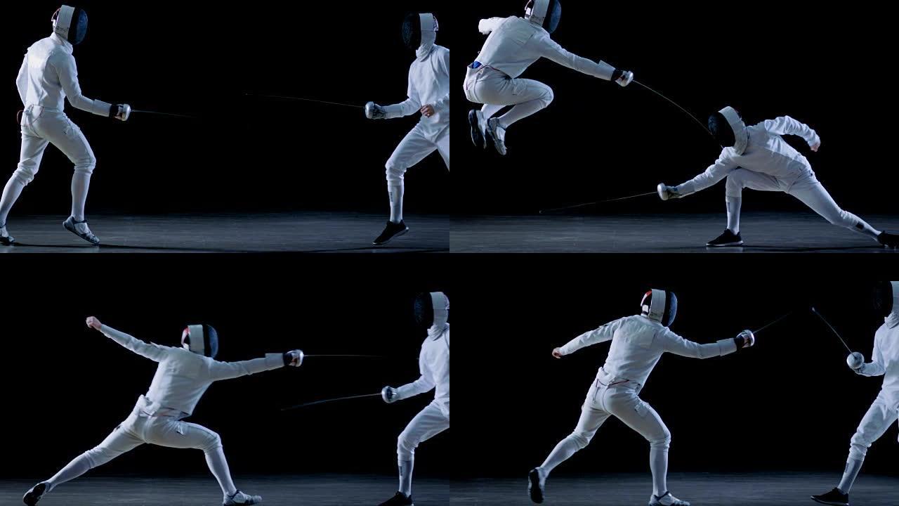 两名专业击剑手在花剑搏斗中表现出精湛的剑术。他们躲闪，跳跃，推力和弓步。拍摄孤立在黑色背景和慢动作中