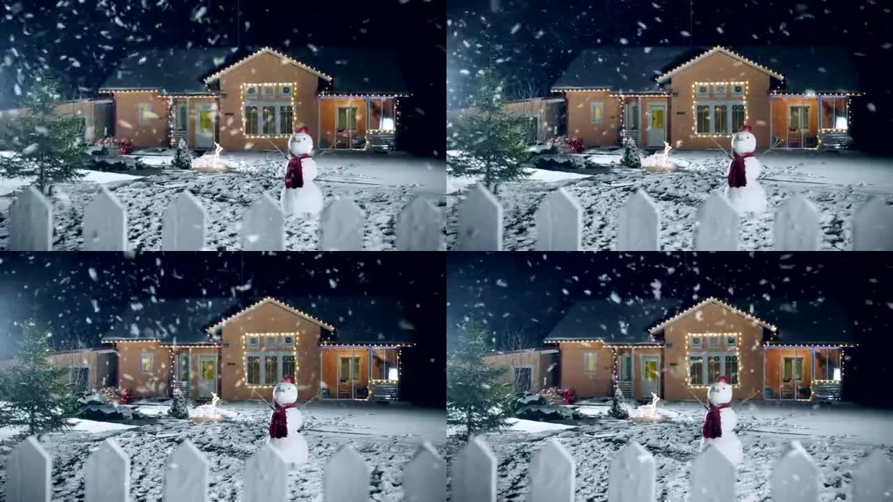 圣诞前夕，田园诗般的房子装饰着花环，雪人和圣诞树站在前院。美丽的冬夜，飘着软雪。