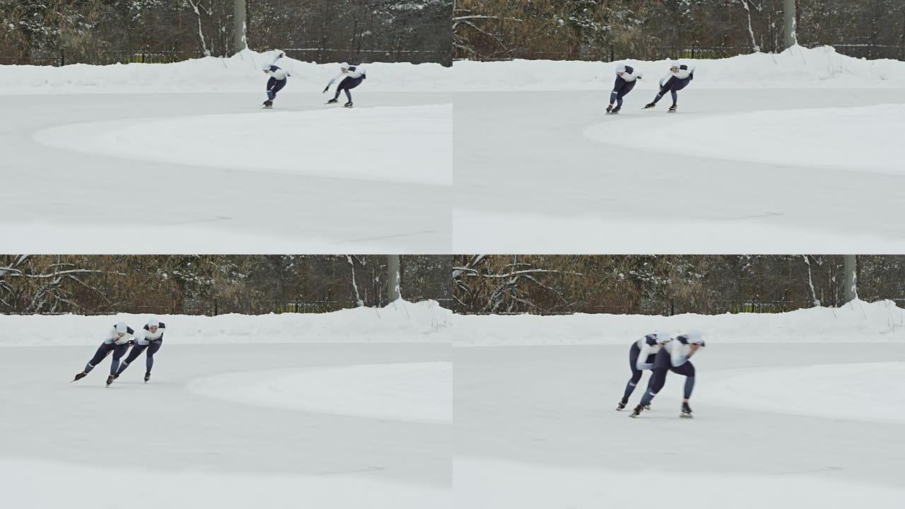 运动员在室外溜冰场速滑