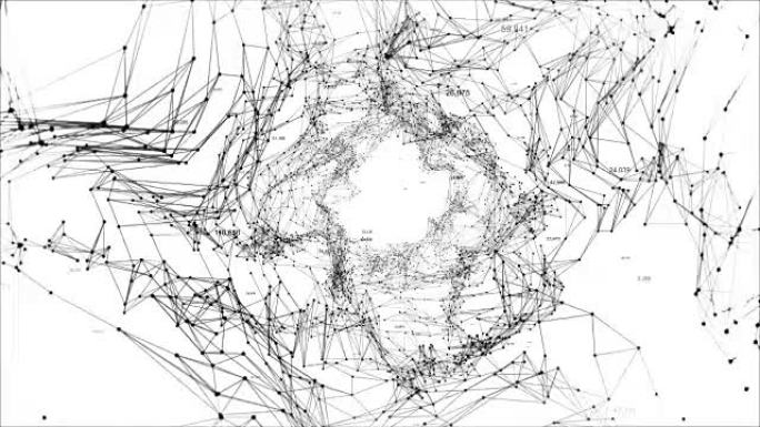 抽象黑白空间背景，几何表面，线和点。抽象隧道网格。可以作为数字动态壁纸，技术背景。