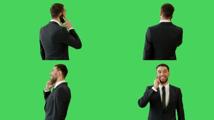 一个英俊的男人在电话里说话，而相机绕着他转。在绿屏背景上拍摄。