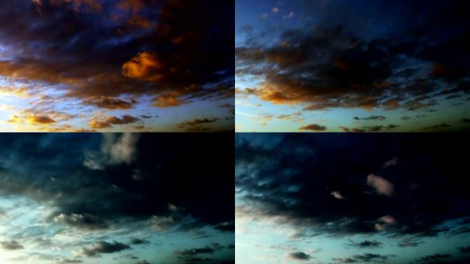 间隔拍摄多云的天空。橙色和灰色。
