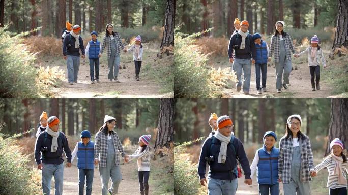 在森林里，一个亚洲家庭走向相机，正面镜头