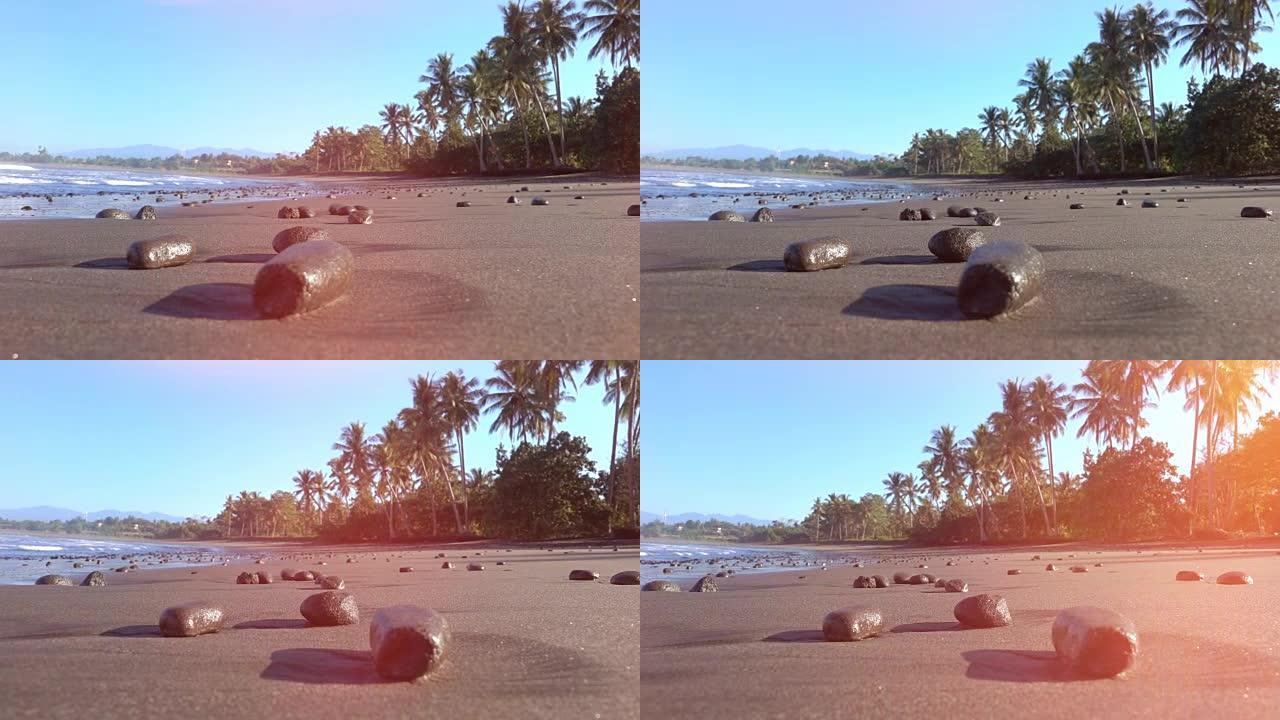在阳光明媚的巴厘岛的Medewi沙滩上关闭黑色火山岩和郁郁葱葱的棕榈树