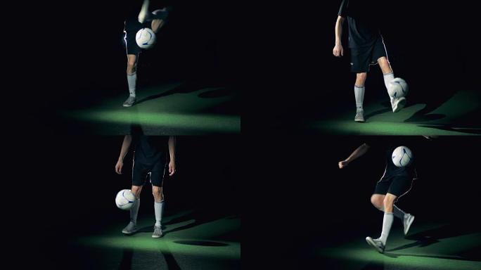 足球运动员表演技巧和运球的特写镜头。4K。