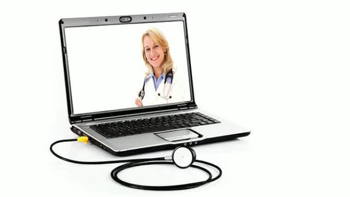 女医生在笔记本电脑屏幕上拿着听诊器