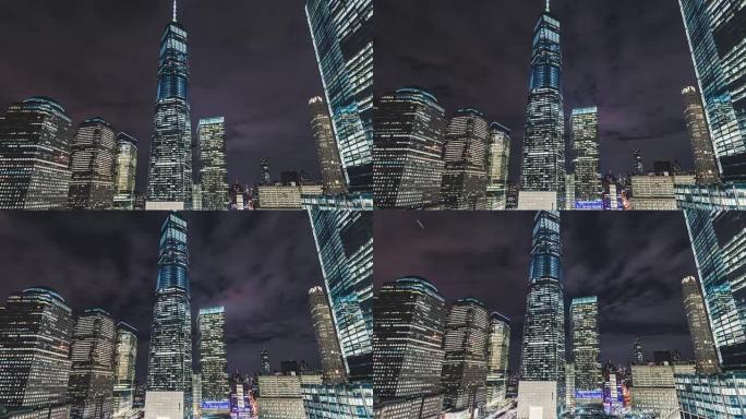 夜间/纽约曼哈顿的T/L LA TD照明摩天大楼 (世界贸易中心一号大楼)