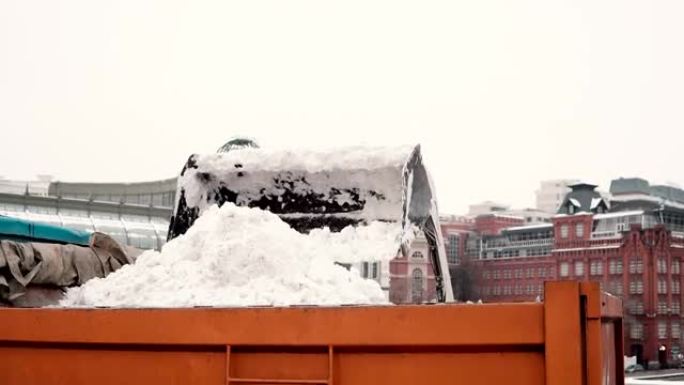 道路服务清洁人行道。冬季雪机卸载卡车车身中的雪