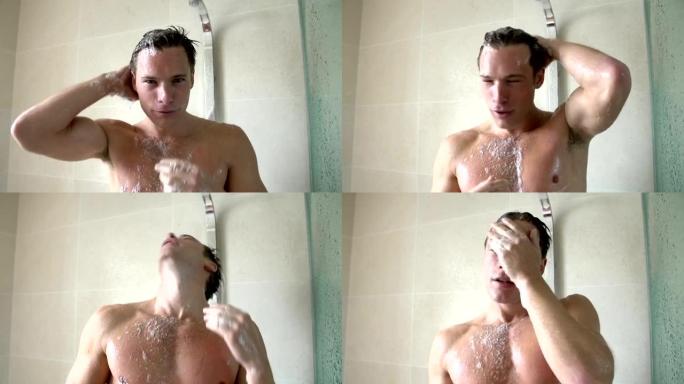 男人洗澡的慢动作序列