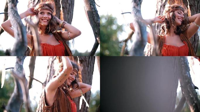 部落时尚中的波西米亚女孩在午后的阳光下跳舞